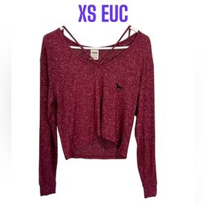XS Pink Victorias Secret Maroon Cropped Long Sleeve Shirt Lightweight EUC Y2K
